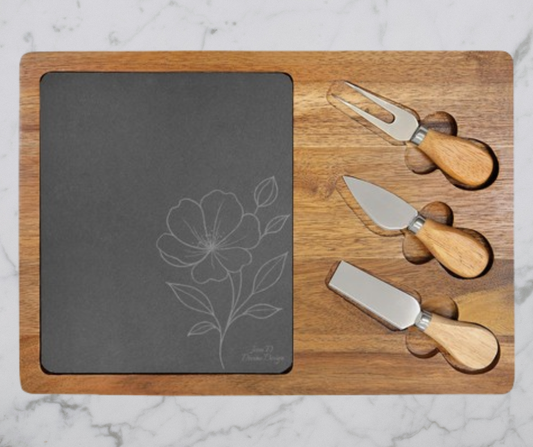 Charcuterie Board - ACACIA & SLATE FLORAL ENGRAVED